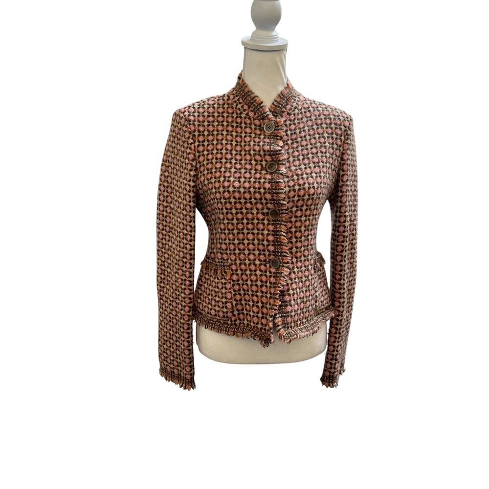 DKNY Women’s Tweed Frayed Trim Button Front Blazer Jacket Size 10 Brown Pink